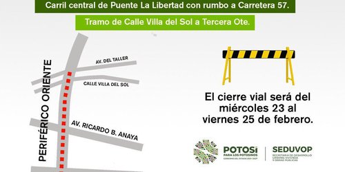 Anuncian cierre en carril central de periférico oriente hacia el sur