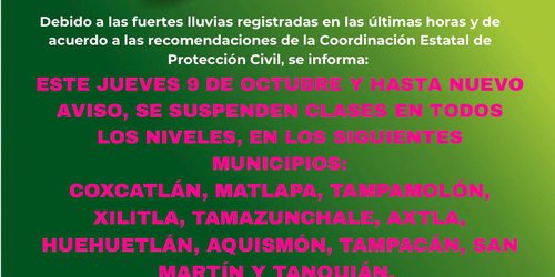 Se suspenden clases en distintos municipios por fuertes lluvias