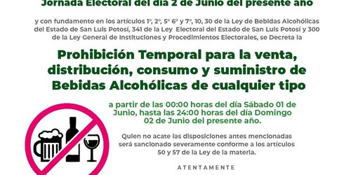 Anuncian "Ley Seca" durante la jornada electoral del dos de junio