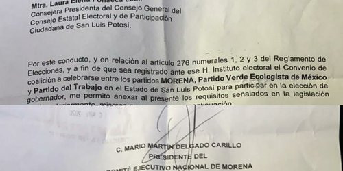Firman coalición Morena-PVEM-PT y Nueva Alianza en SLP por la gubernatura