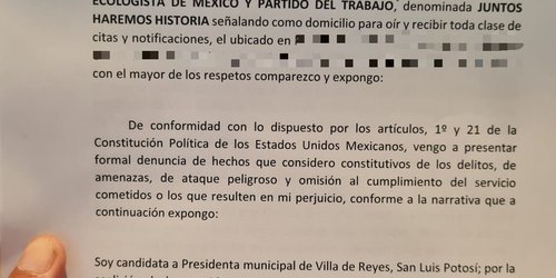 Candidata de Juntos Haremos Historia de Villa de Reyes, denuncia ataque armado en su contra