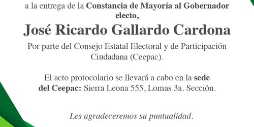 Ante confirmación del triunfo de Gallardo, CEEPAC le entregará constancia de mayoría