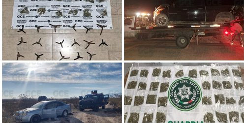 Aseguran droga y "poncha llantas" en vehículo y detienen objetivo criminal