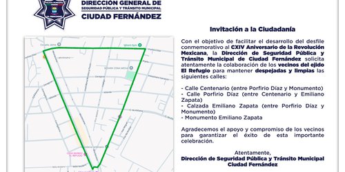 SPM de Ciudad Fernández cerrará Vialidades para Operativo por el CXIV Aniversario de la Revolución Mexicana