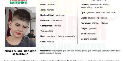 Activan Alerta Amber para localizar a niño de 10 años en la capital potosina