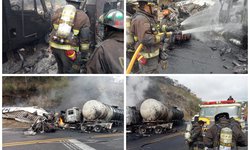 Choque de trailers, y camioneta, pipa incendiada, y cuatro heridos en Rayón