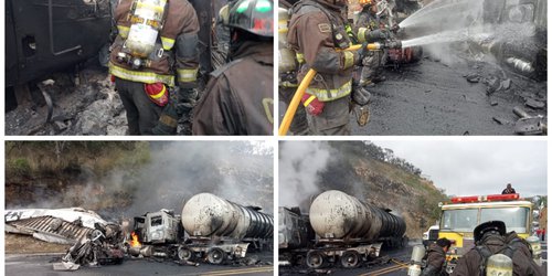Choque de trailers, y camioneta, pipa incendiada, y cuatro heridos en Rayón