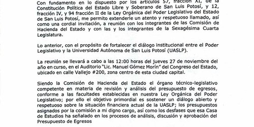 Formalizan invitación al Rector de la UASLP a reunión con la Comisión de Hacienda del Congreso
